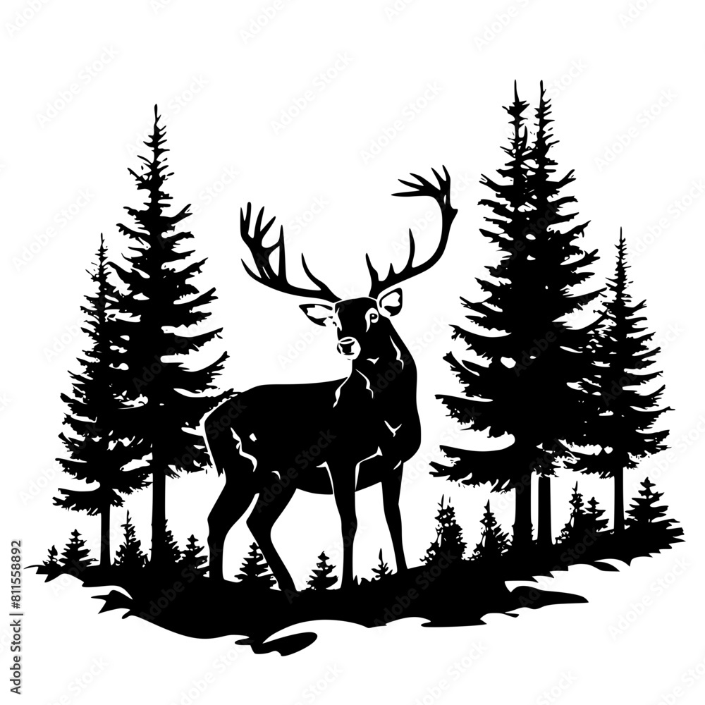 Obraz premium Deer Hunting, Pine Tree Forest svg, Hunting Monogram Frame, Deer in the Forest svg, Deer Cut Files For Cricut, Deer Clipart, Forest Svg, Wilderness Svg, Forest Bundle svg, Deer Head Svg, Woodland Scen