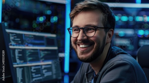Portrait of a Smart and Handsome IT Specialist Wearing Glasses Smiles, Behind Him Personal Computers with Screens Showing Software Program with Coding Language Interface in Data Center