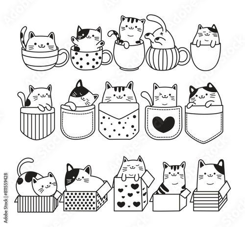 Cat box, cup, pocket Cute cats doodle, hand drawn vector