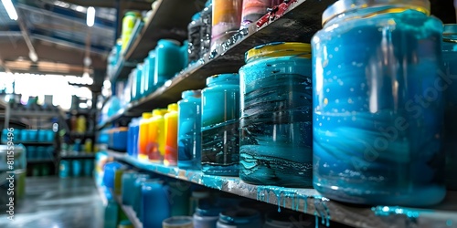 Vibrant sealant containers with distinctive designs displayed on factory shelves for international distribution. Concept Sealant Containers, Factory Display, International Distribution photo
