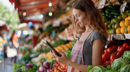 Portrait of a young woman using a digital tablet while working at a farmera??s market photo