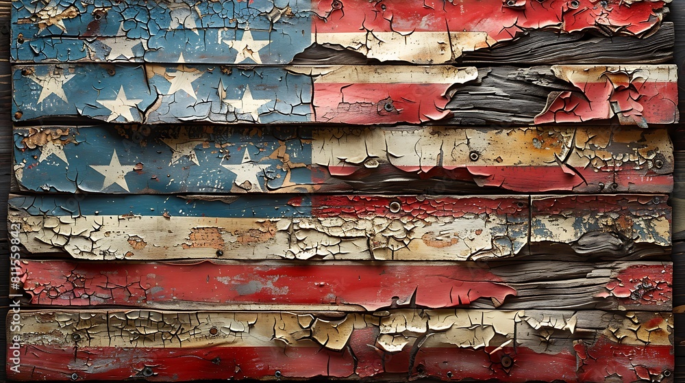 The US flag painted on old barn wood, with weathered red, white, and blue paint peeling off to reveal the textured wood beneath. The US flag painted on old barn wood, with weathered red, white, and blue paint peeling off to reveal the textured wood beneath.