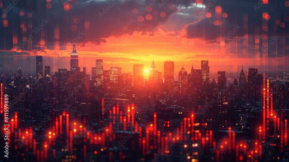 Fototapeta premium Dramatic city skyline with reflective lights at sunset.