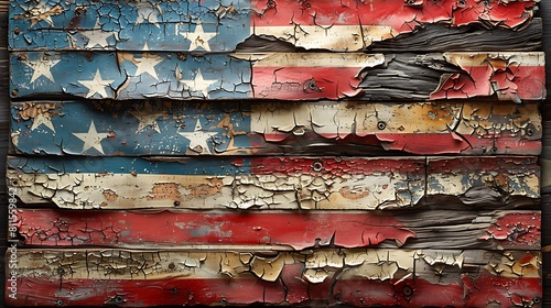 The US flag painted on old barn wood, with weathered red, white, and blue paint peeling off to reveal the textured wood beneath.