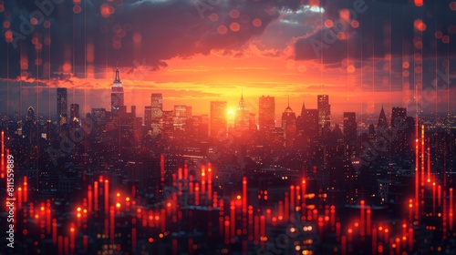 Dramatic city skyline with reflective lights at sunset.