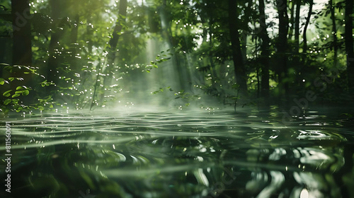 abstract water movement amidst forest silence  featuring a blurry tree in the foreground