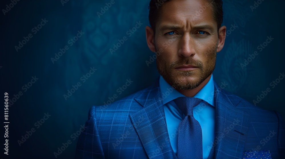 A male business executive - close-up profile shot - blue background - blue suit - stylish cool. - classic cool A male business executive - close-up profile shot - blue background - blue suit - stylish cool. - classic cool