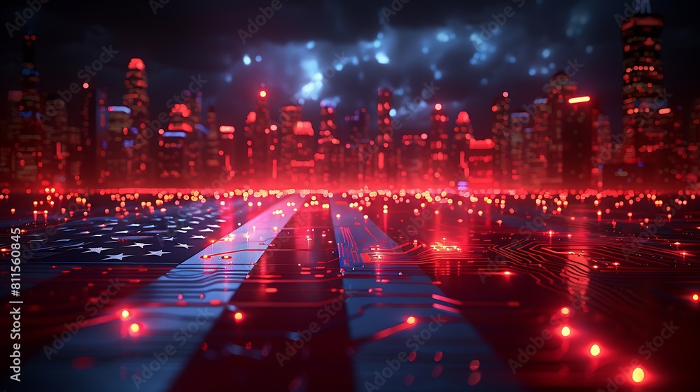 Obraz premium The US flag reimagined as a neon circuit board, with flowing currents in red, white, and blue lighting up a tech cityscape.
