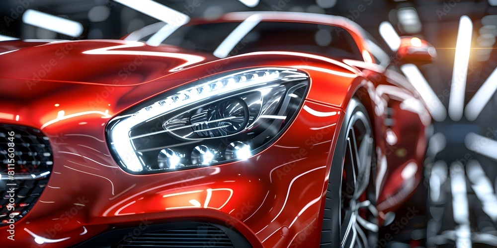 Close-up Shot of Modern Luxury Sports Car Headlight with Reflecting Red Paint. Concept Luxury Sports Car, Close-up Shot, Headlight Detail, Reflective Red Paint