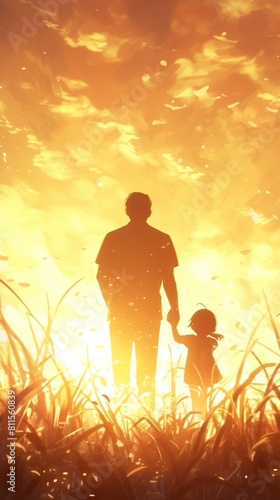 Aurora, rear view of father and child holding hands, back view, silhouette, happy father's day，Silhouette of Happy Father and Child Holding Hands in Serene Back View | 4K HD Wallpaper