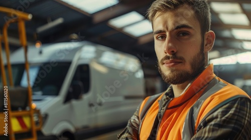 Portrait of Handsome young construction worker with commercial van on background