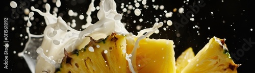 Dynamic slow motion shot of pineapple slices hitting the surface of milk  framed with expansive black negative space