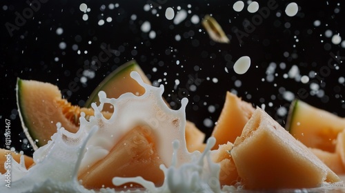 Dynamic slow motion shot of cantaloupe pieces hitting the surface of milk, framed with expansive black negative space