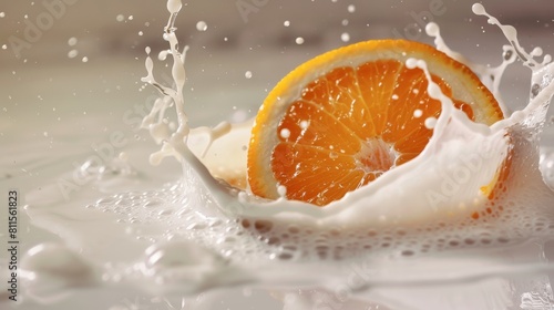 Dynamic slow motion scene of an orange being dipped in milk  with a high contrast negative space setting