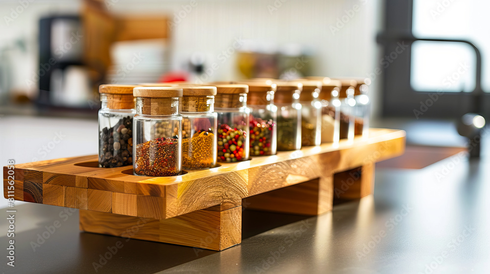 A wooden spice rack with several bottles of spices. A wooden spice rack with several bottles of spices.