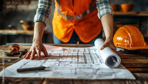 A hand unrolling a set of building blueprints on a table with a construction helmet and tools around photo