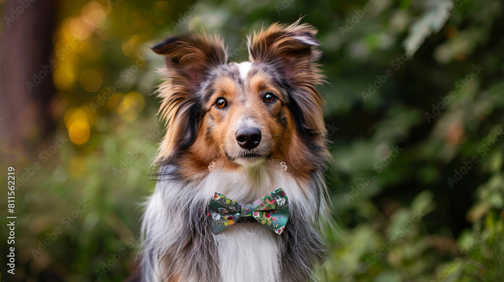 A dog wearing a bow tie in the woods. A dog wearing a bow tie in the woods.