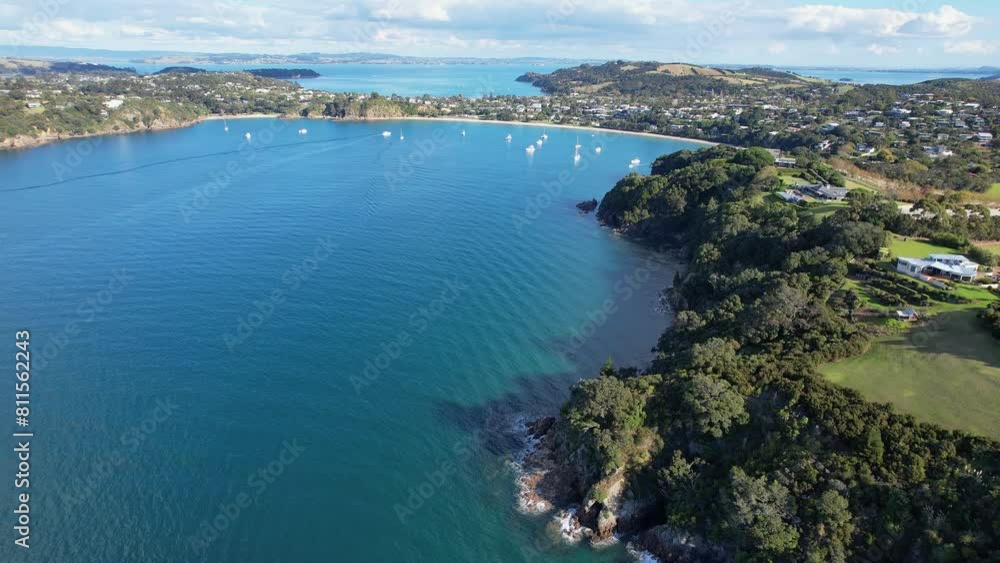 Korora Beach Reserve Overlooking Big Oneroa Beach At Waiheke Island Near Auckland In New Zealand. Aerial Drone Shot Korora Beach Reserve Overlooking Big Oneroa Beach At Waiheke Island Near Auckland In New Zealand. Aerial Drone Shot