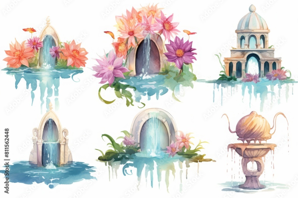 Watercolor image of fountain from a pond Decorated with beautiful colored flowers on a white background.