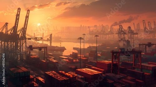 Dramatic Sunrise over Bustling Global Shipping Port with Vibrant Cargo Containers and Towering Cranes Generative ai