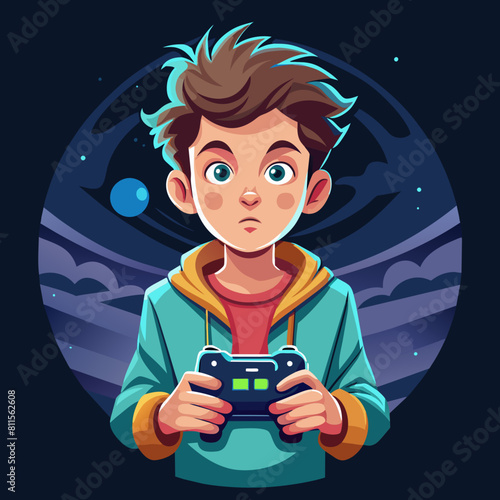 boy with game controller realistic image, retro style, dark background, 
copy space