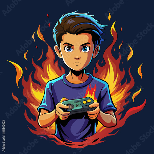 boy with game controller realistic image, retro style, dark background with flames, 
copy space