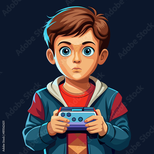 boy with game controller realistic image, retro style, dark background, 
copy space