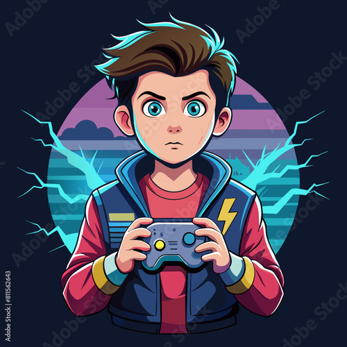 boy with game controller realistic image, retro style, dark background with lightning strike