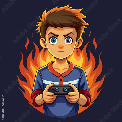 boy with game controller realistic image, retro style, dark background with flames, 
copy space
