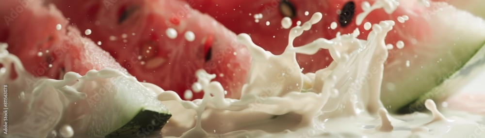 Closeup slow motion video of watermelon and milk interaction, focusing on the contrast against a neutral background Closeup slow motion video of watermelon and milk interaction, focusing on the contrast against a neutral background
