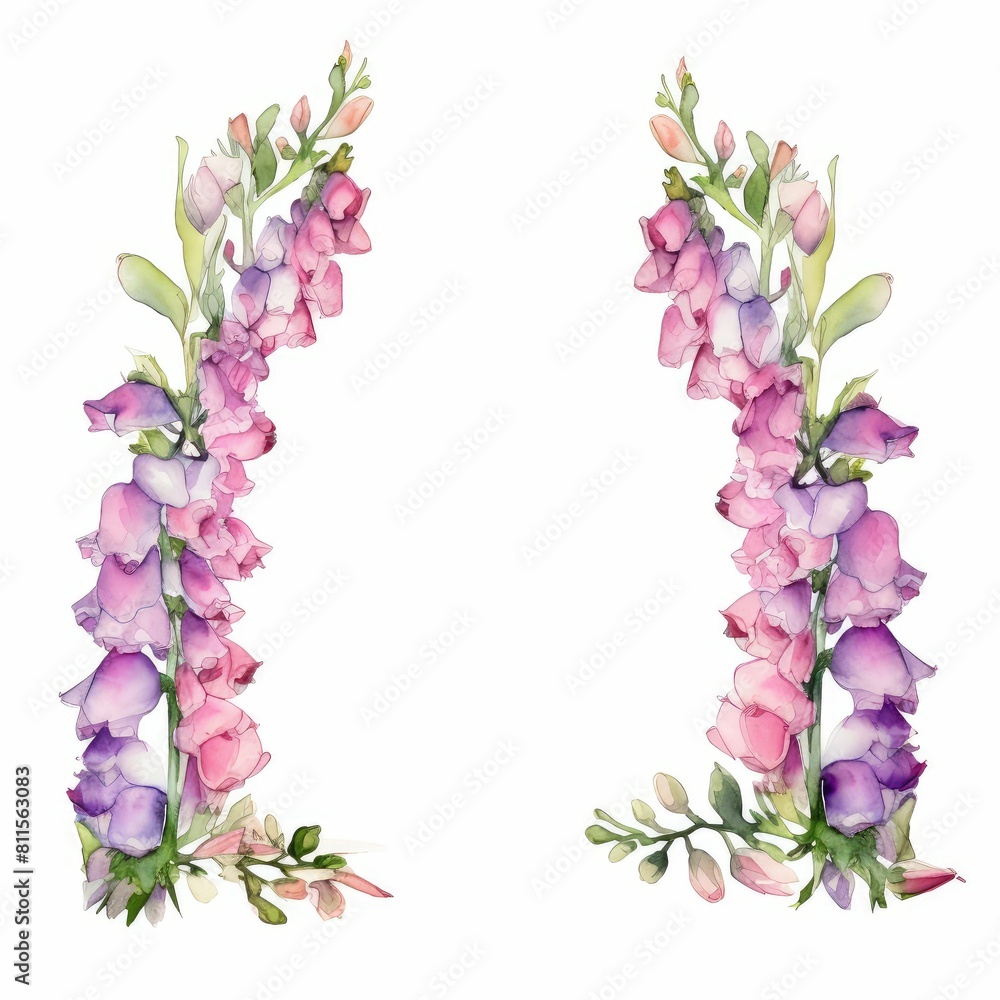 oxglove themed frame or border for photos and text. tall spires of colorful flowers. watercolor illustration, flowers frame, botanical border, Design wedding love cards.