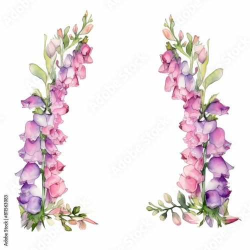 oxglove themed frame or border for photos and text. tall spires of colorful flowers. watercolor illustration, flowers frame, botanical border, Design wedding love cards.