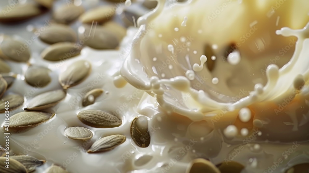 Closeup slow motion video of pumpkin seeds and milk blending, focusing on the contrast and textures against a neutral background Closeup slow motion video of pumpkin seeds and milk blending, focusing on the contrast and textures against a neutral background