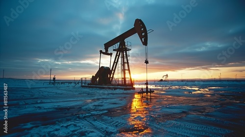 Oil rig operating in a snowy landscape at sunset.