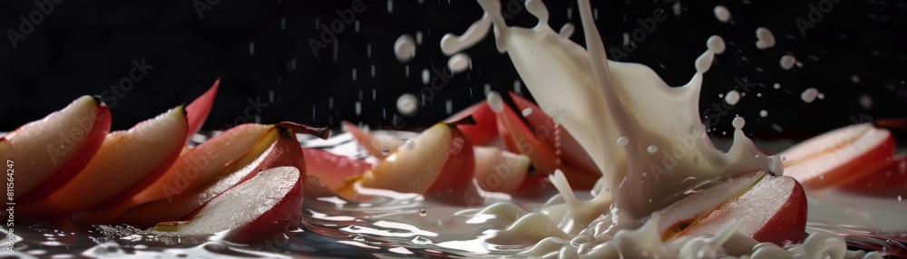 Artistic slow motion capture of milk pouring over freshly cut watermelon, framed with ample negative space for dramatic effect Artistic slow motion capture of milk pouring over freshly cut watermelon, framed with ample negative space for dramatic effect
