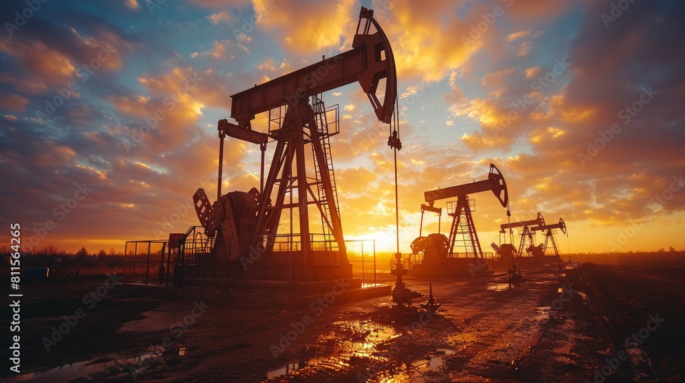 Golden hour light illuminating oil rigs in the field Golden hour light illuminating oil rigs in the field