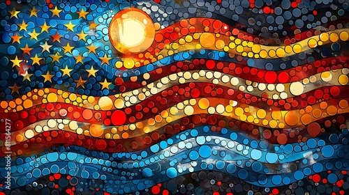 A bold retro comic style depiction of the US flag, with exaggerated pop art dots and vibrant colors, framed by comic-style bold outlines.