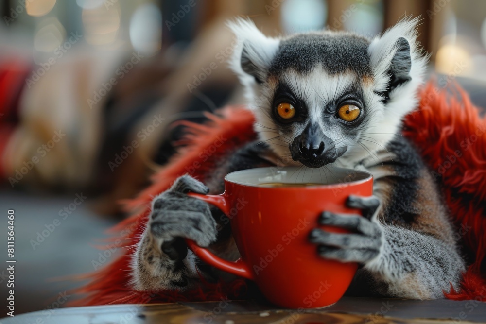 Obraz premium A beautiful lemur sits and drinks a cup of coffee in glamour.