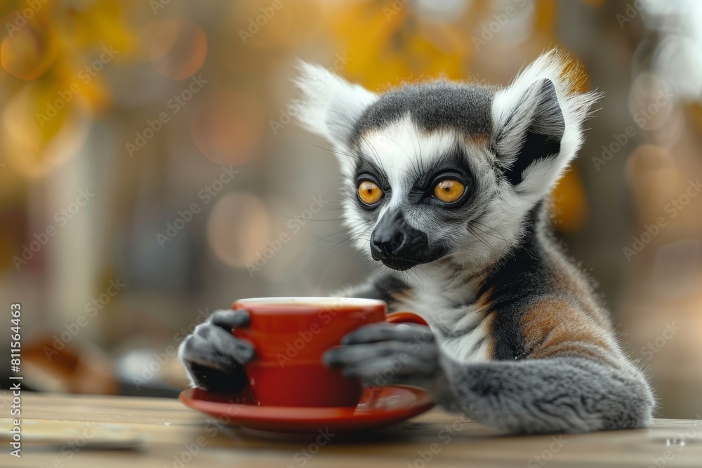 Fototapeta premium A beautiful lemur sits and drinks a cup of coffee in glamour.