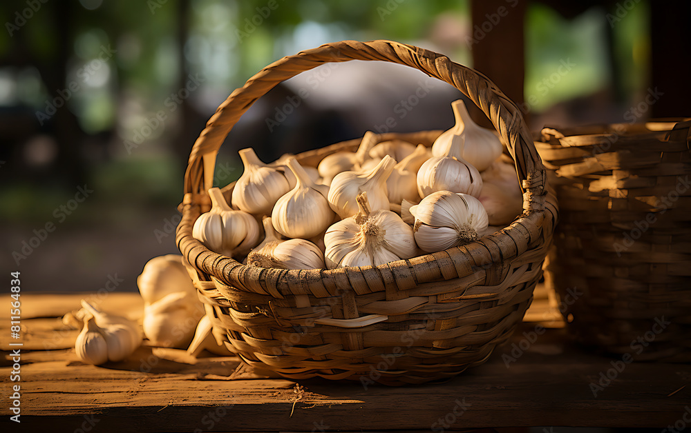 Garlic in a basket on a wooden table with nature background. Garlic in a basket on a wooden table with nature background.