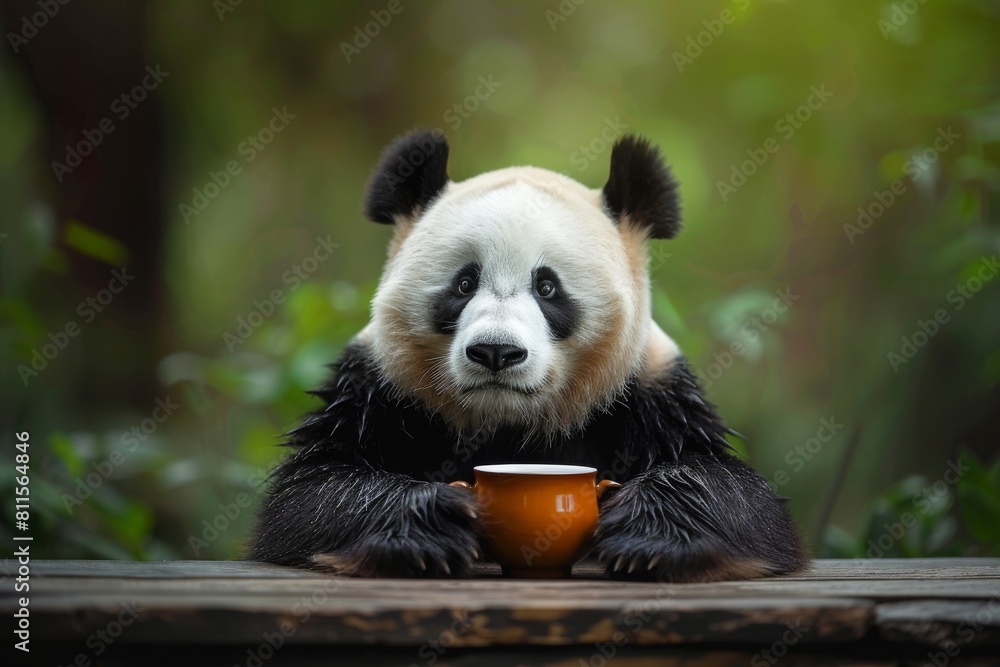 Obraz premium A panda sits and drinks tea. The Chinese symbol of the panda, which is having a tea ceremony.