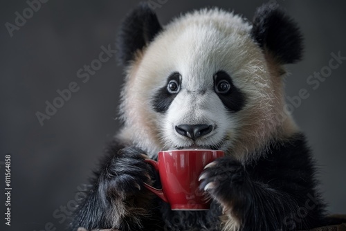 A panda sits and drinks tea. The Chinese symbol of the panda  which is having a tea ceremony.