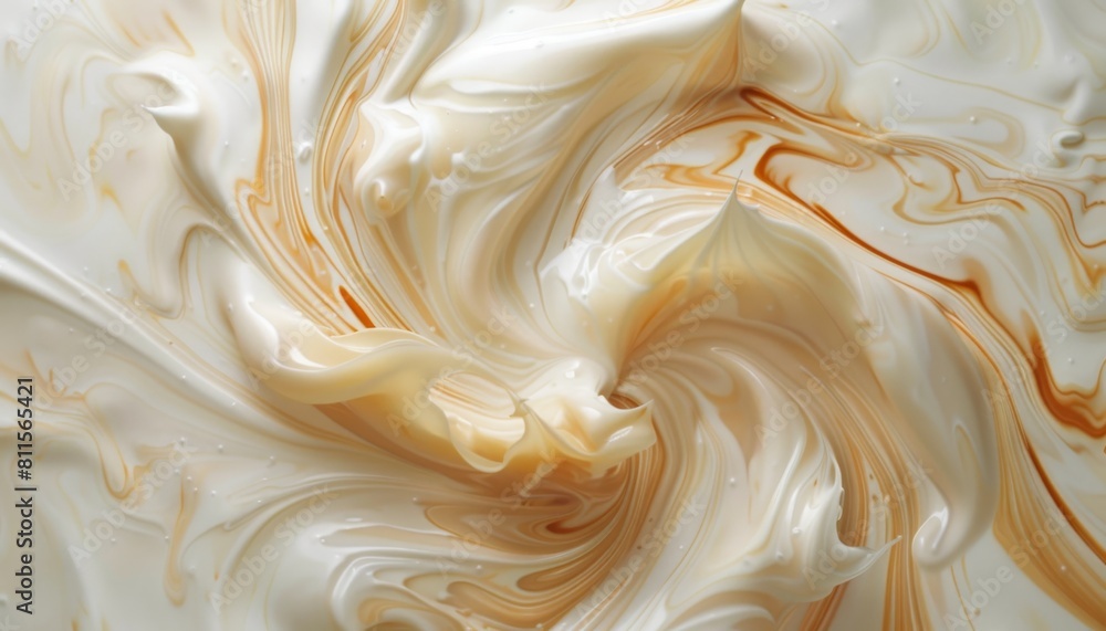 Abstract slow motion scene of tamarind paste swirling in milk, centered in frame with ample negative space for text placement