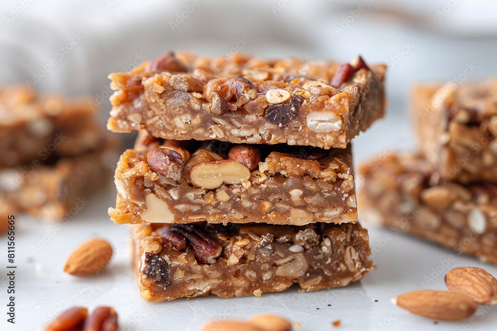 Gluten-free nut bars without sugar on a white background. Useful protein snack for healthy eating and sports Gluten-free nut bars without sugar on a white background. Useful protein snack for healthy eating and sports