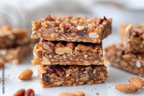 Gluten-free nut bars without sugar on a white background. Useful protein snack for healthy eating and sports