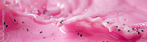 Abstract slow motion scene of dragon fruit seeds swirling in milk, centered in frame with ample negative space for text placement