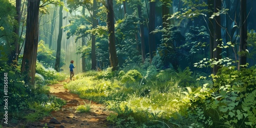 An image of a person hiking along a nature trail in a lush forest, surrounded by tall trees, vibrant foliage, and chirping birds, symbolizing a connection with nature and the beauty of the outdoors photo