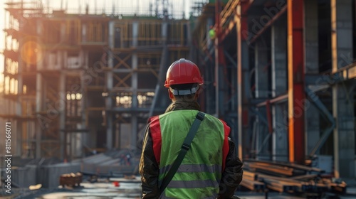 Rear view image of construction engineer in green safety vest and red hardhat controlling construction of new building