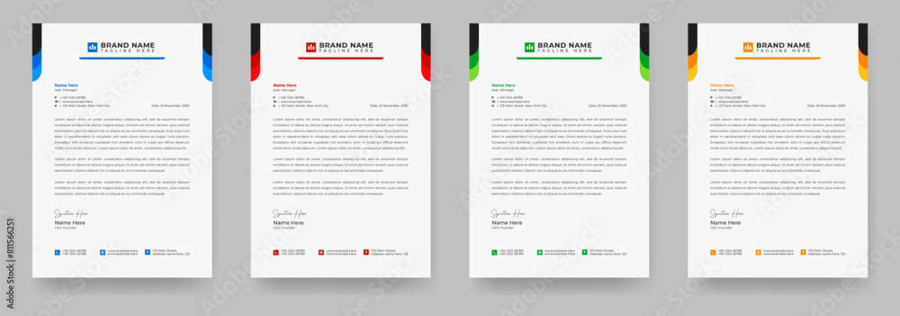 Corporate modern letterhead design bundle template with yellow, blue, green and red color. Corporate identity stationary items Corporate modern letterhead design bundle template with yellow, blue, green and red color. Corporate identity stationary items