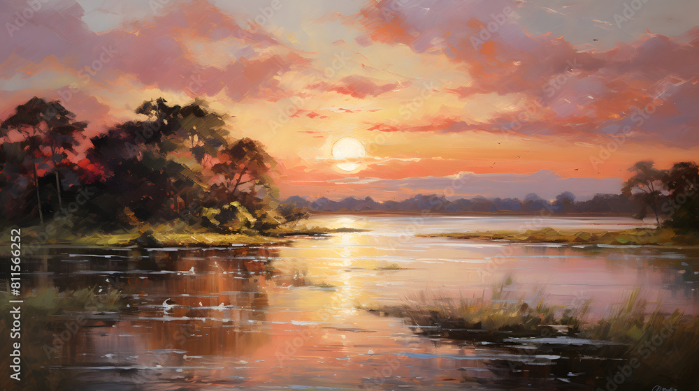 Riverside in sunset background poster decorative painting 